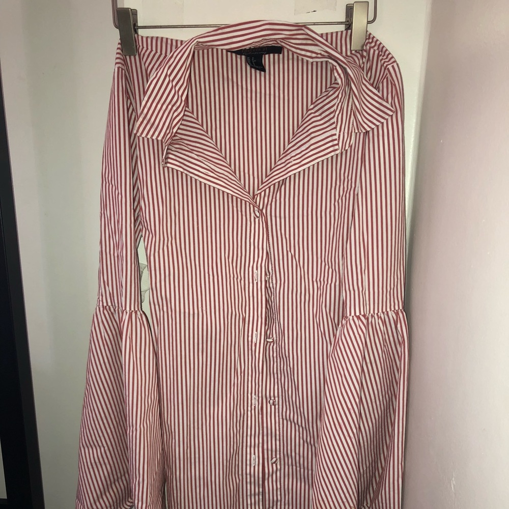 Red and white striped mini dress with bell sleeves